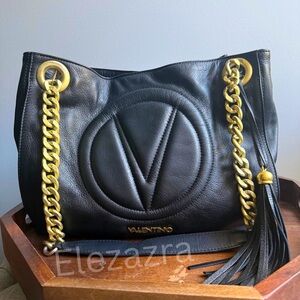 Valentino Black Leather Shoulder Bag with Gold Chain